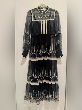 Zara Black Sheer Lace Tiered Midi Dress with Cream Embroidery